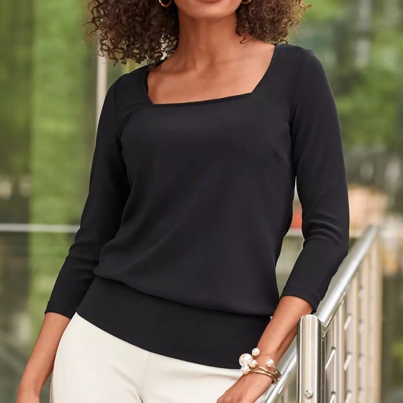 Boston Proper Tops - Boston Proper Black Square Neck 3/4 Sleeves Banded Blouson Hem Blouse 3673